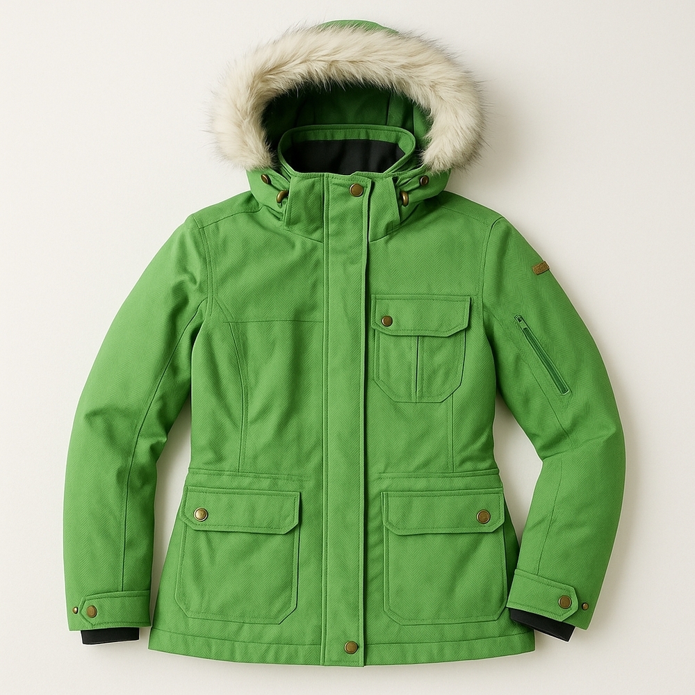 NILS Georgia Women’s Ski Jacket Size 10 Green Herringbone  Removable Hood